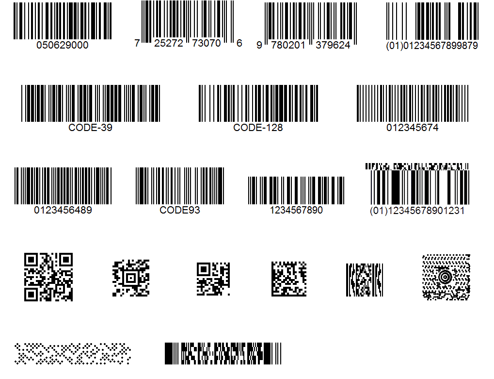 Overview of common barcode types: EAN, UPC, ISBN, GS1-128, Code 39, Code 128, ITF, Code 93, QR code, Data Matrix, Aztec and PDF417